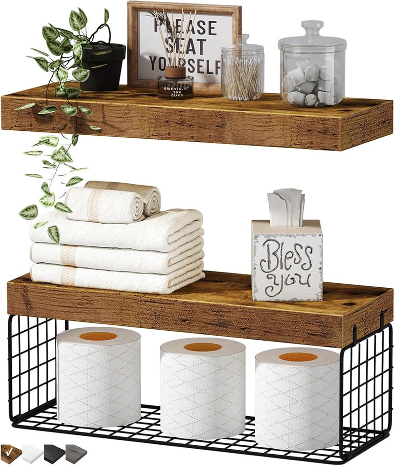 QEEIG Bathroom Shelves Over Toilet - Wall Mounted Floating Shelves Toilet Paper Storage Small Farmhouse Decor Shelf 16 inch Set of 2, Rustic Brown (019-BN2) - Image 1